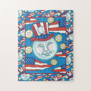 AMERICANA FOLK ART PATRIOTIC MAN IN THE MOON JIGSAW PUZZLE