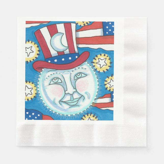 AMERICANA FOLK ART PATRIOTIC MAN IN THE MOON NAPKINS (Front)