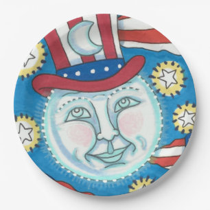 AMERICANA FOLK ART PATRIOTIC MAN IN THE MOON PAPER PLATES