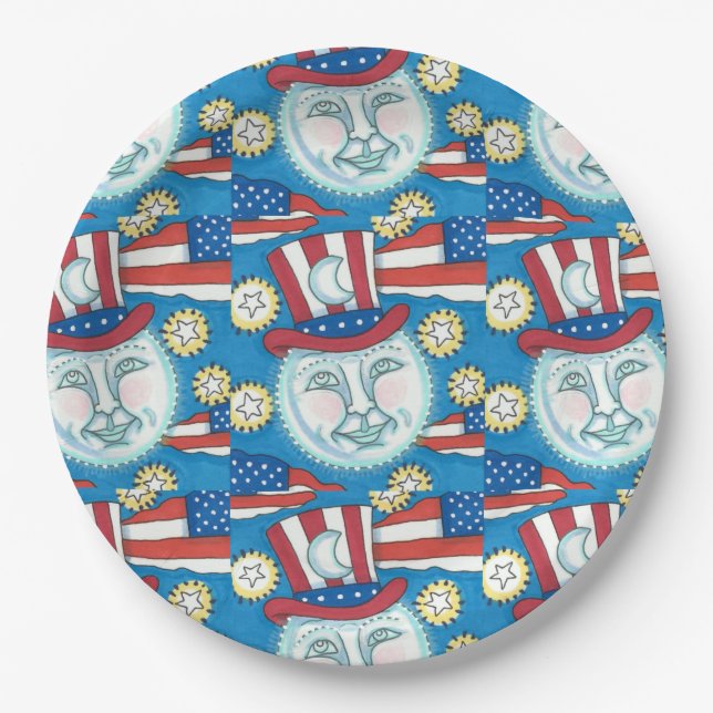 AMERICANA FOLK ART PATRIOTIC MAN IN THE MOON PAPER PLATES (Front)
