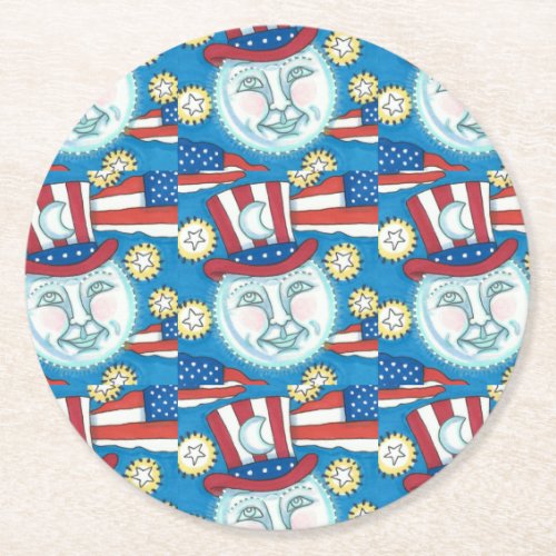 AMERICANA FOLK ART PATRIOTIC MAN IN THE MOON ROUND PAPER COASTER