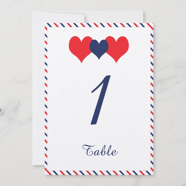 Americana Hearts Wedding Table Number (Front)