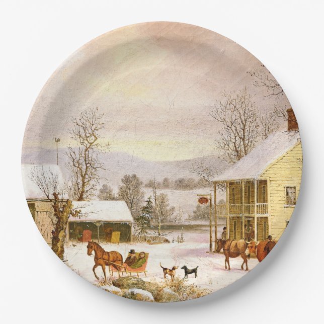 Americana Horse Sleigh Ride  Snow Paper Plate (Front)