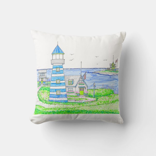 Americana Lighthouse Pillow; Blue Throw Pillow (Front)