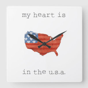 Americana My Heart Is In The USA Map Square Wall Clock