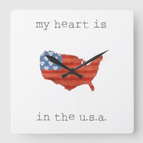 Americana  My Heart Is In The USA Map Square Wall Clock