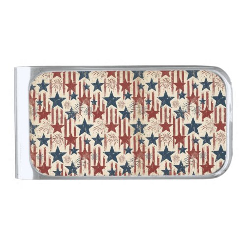 Americana Patriotic Country Rustic Stars Stripes Silver Finish Money Clip