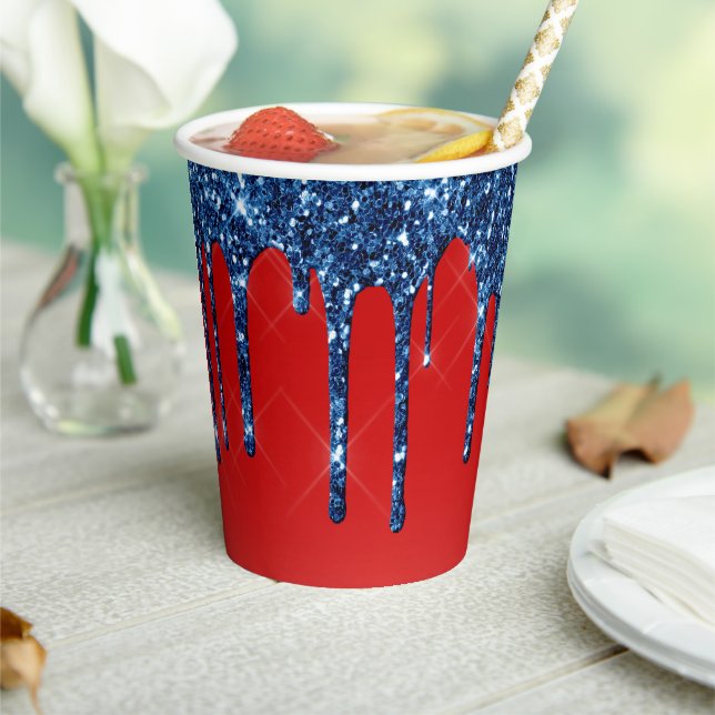 Americana Red Blue Glitter Drip Paper Cups (Insitu)