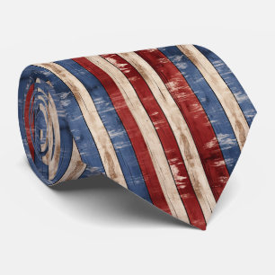 Americana Red White Blue Patriotic Faux Wood Neck Tie
