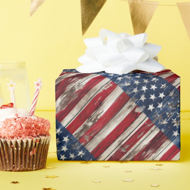 Americana Red White Blue Patriotic Rustic Flag Wrapping Paper (Birthday Party)