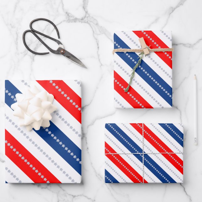 Americana Red White Blue Stars & Stripes Wrapping Paper Sheets (Front)