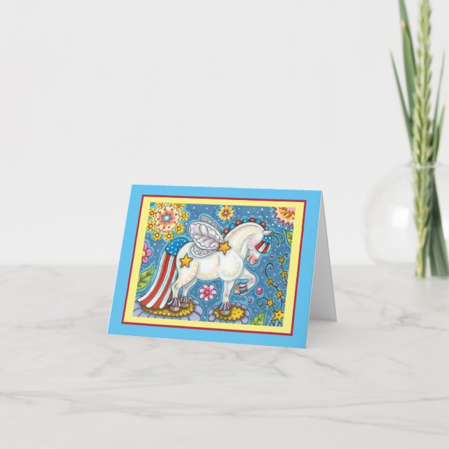 AMERICANA WHIMSYNICKER PATRIOTIC PONY Cute Fantasy Holiday Card (Front)
