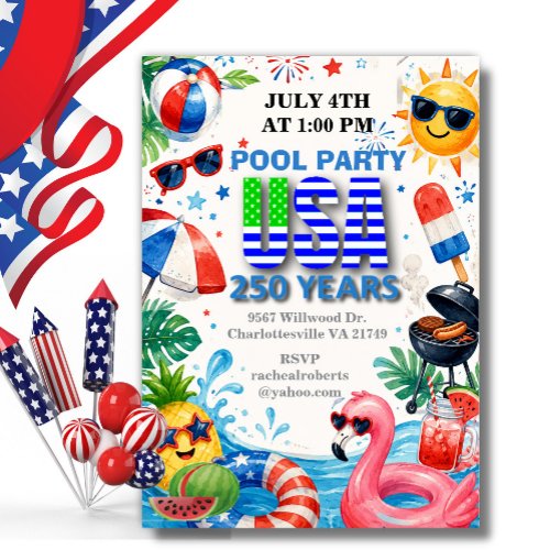 America's 250 Summer Pool Party 4th of July Invitation