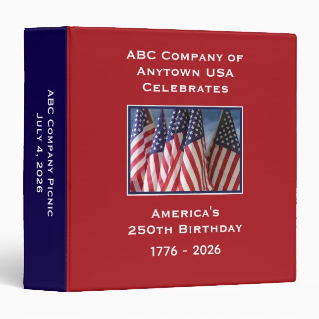 America's 250th Birthday Party Company or Family 3 Ring Binder (Front/Spine)