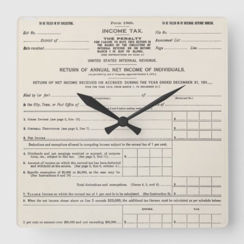 Americas First Income Tax Form Square Wall Clock