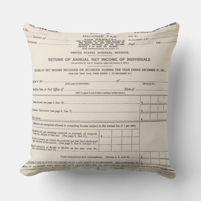 America's First Income Tax Form Throw Pillow (Front)