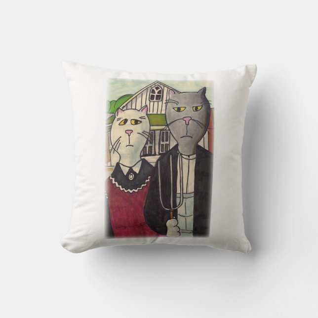 Americat Gothic Classic Cat Art Parody Design Throw Pillow (Front)