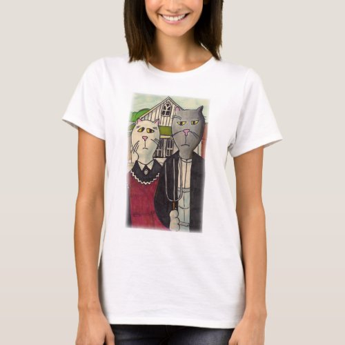 Americat Gothic Cute Cartoon Classic Cat Art T_Shirt
