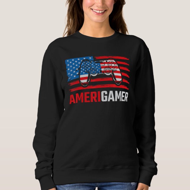 Amerigamer Distressed American Flag Gamer July 4th Sweatshirt (Front)