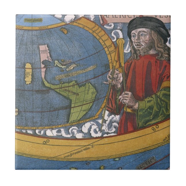 Amerigo Vespucci Explorer on a Map of the Americas Ceramic Tile (Front)