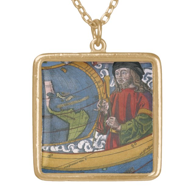 Amerigo Vespucci Explorer on a Map of the Americas Gold Plated Necklace (Front)