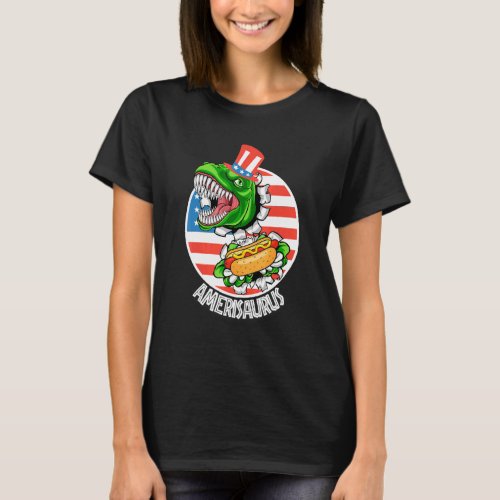 Amerisaurus American Dinosaur Rex Eating Hot Dog L T_Shirt