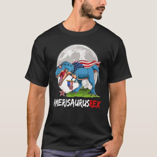 Amerisaurus Rex Dinosaur Usa Flag Moon American Bo T_Shirt