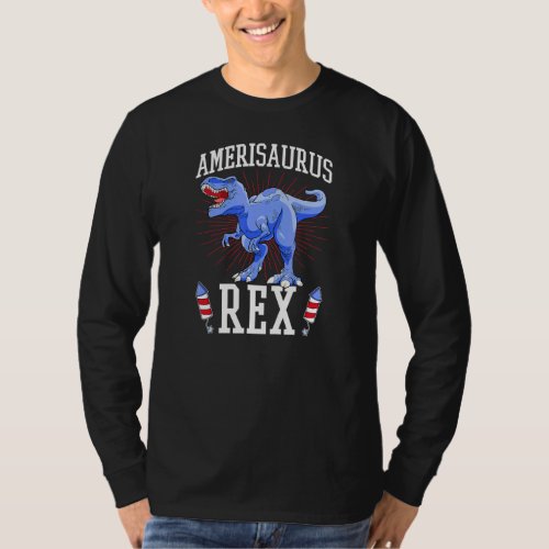 Amerisaurus Rex Fireworks Usa Patriotic Rex Dinosa T_Shirt