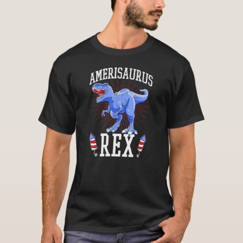 Amerisaurus Rex Fireworks Usa Patriotic Rex Dinosa T_Shirt