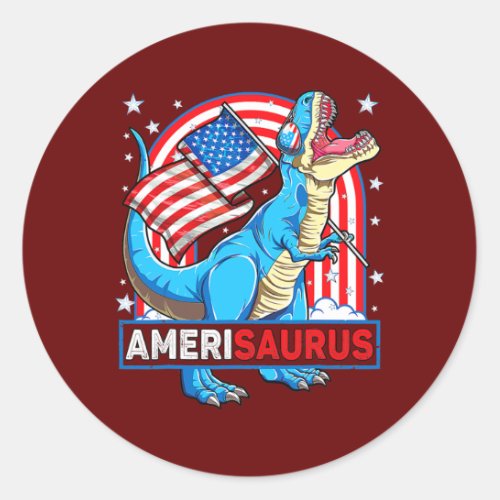 Amerisaurus T rex Boys Girls Patriotic Dinosaur Classic Round Sticker