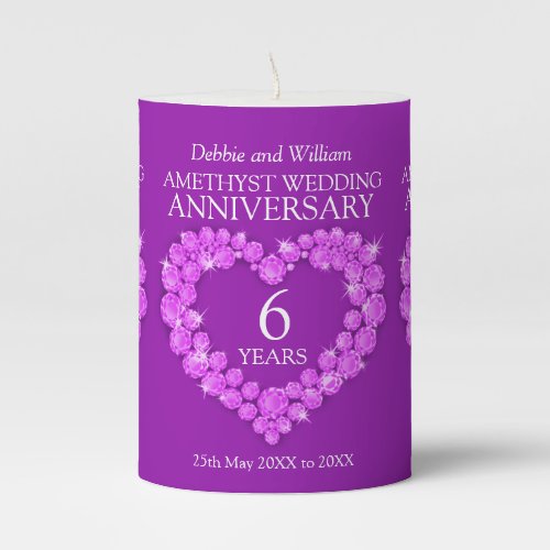 Amethyst 6th wedding anniversary custom name pillar candle