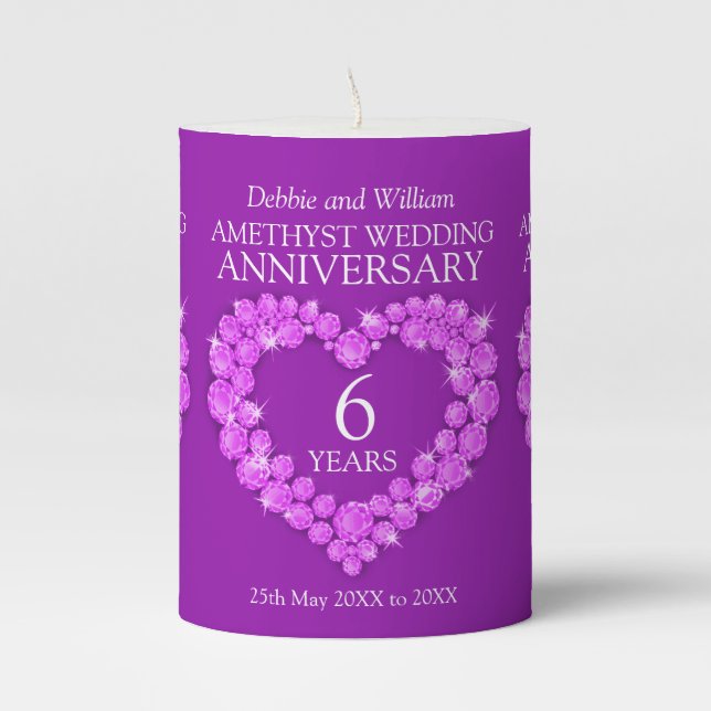 Amethyst 6th wedding anniversary custom name pillar candle (Front)