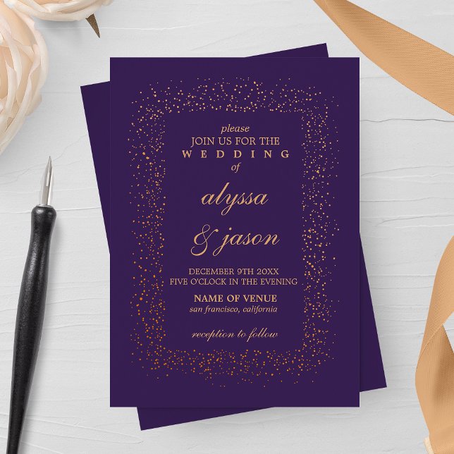Amethyst and Bronze Confetti Bursts Wedding  Invitation (Creator Uploaded)