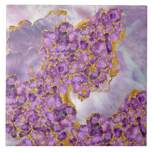 Amethyst and Gold _ Abstract Crystal Cluster Ceramic Tile