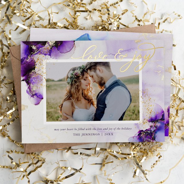 Amethyst and Gold Glam 2 Photo Foil Holiday Card (Creator Uploaded)