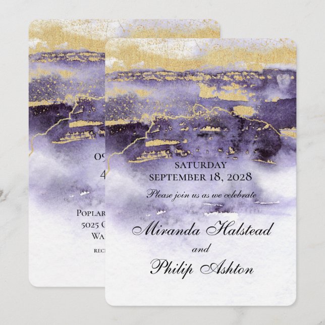 Amethyst And Gold Modern Painting Wedding Invitation (Front/Back)