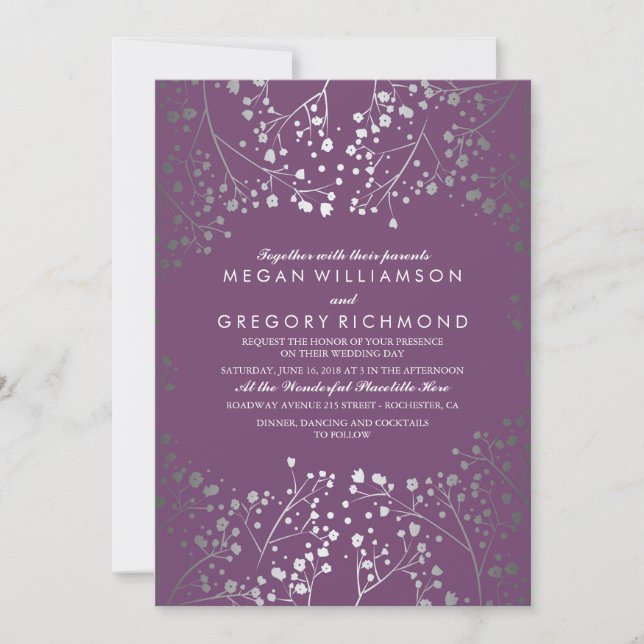 Amethyst and Silver Baby's Breath Wedding Invitation (Front)