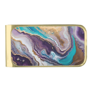 Amethyst and Turquoise Abstract Gold Finish Money Clip
