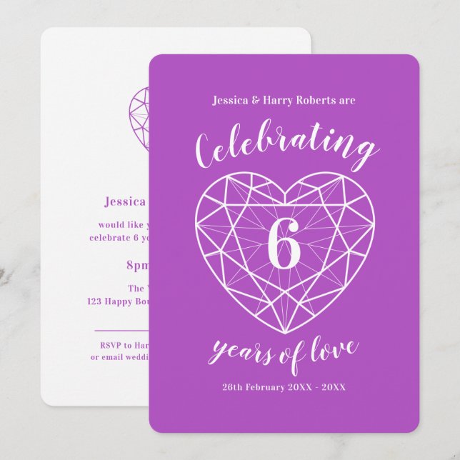 Amethyst Anniversary 6 years of love party invites (Front/Back)
