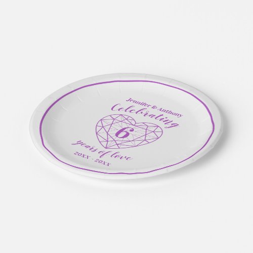 Amethyst anniversary 6 years white personalized paper plates