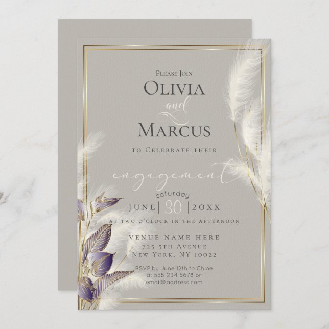 Amethyst Anthurium and Feathery Pampas Grass Invitation (Front/Back)