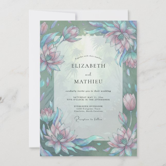 Amethyst Aqua Lotus Eucalyptus Wedding Invitation (Front)