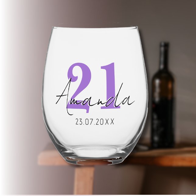 Amethyst Birthday Number | Black 3D Name Date Stemless Wine Glass (Creator Uploaded)