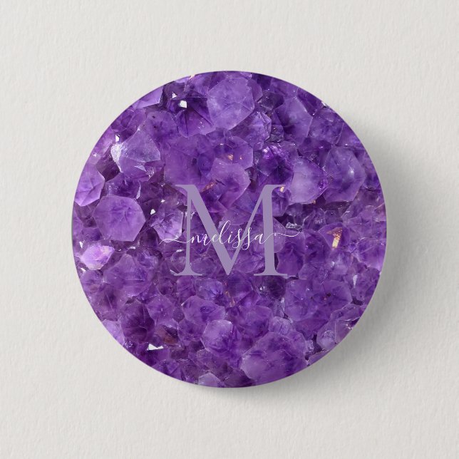 Amethyst Birthstone Monogram Personalized Name Button (Front)