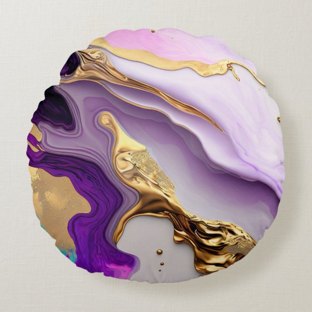 Amethyst & Blush Marble with Liquid Gold Round Pillow (Front)