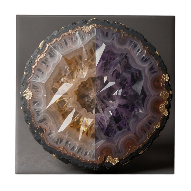 Amethyst Citrine Split Geode Crystal Luxury Ceramic Tile (Front)
