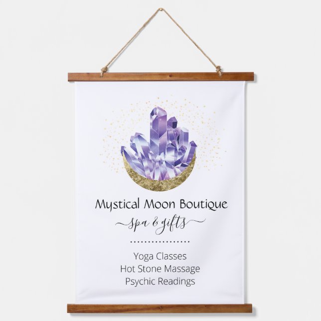 Amethyst Crystal Cluster Gold Crescent Moon Mystic Hanging Tapestry (Front)