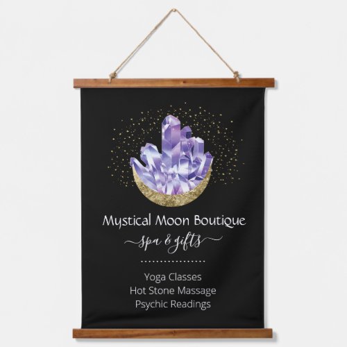 Amethyst Crystal Cluster Gold Crescent Moon Mystic Hanging Tapestry