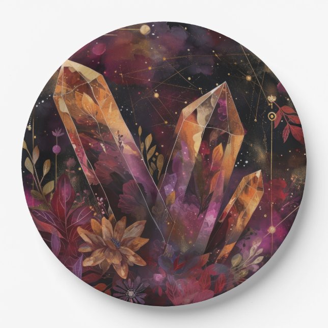 Amethyst Crystal Galaxy Celestial Pattern Paper Plates (Front)