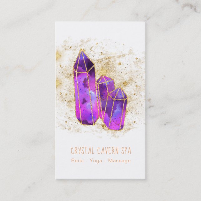 *~*  Amethyst Crystals Cosmic Gold Glitter Stars Business Card (Front)